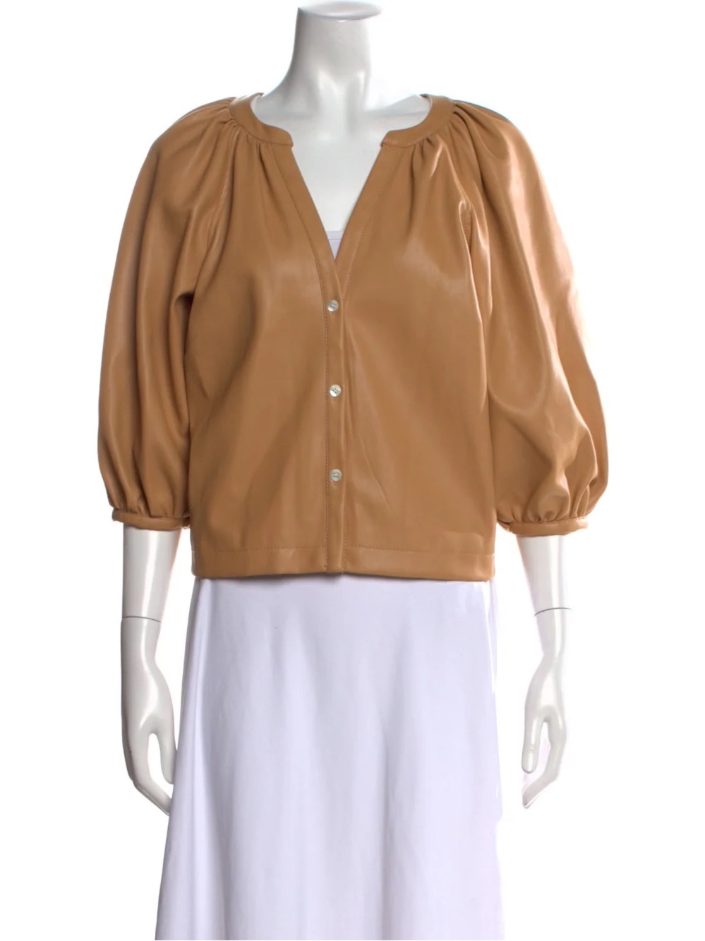 STAUD Tan Puff-Sleeve Button Front Top